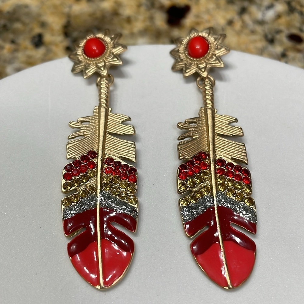 Stylish Red And Rhinestone Feather Gold Drop Earrings - Picture 6 of 14